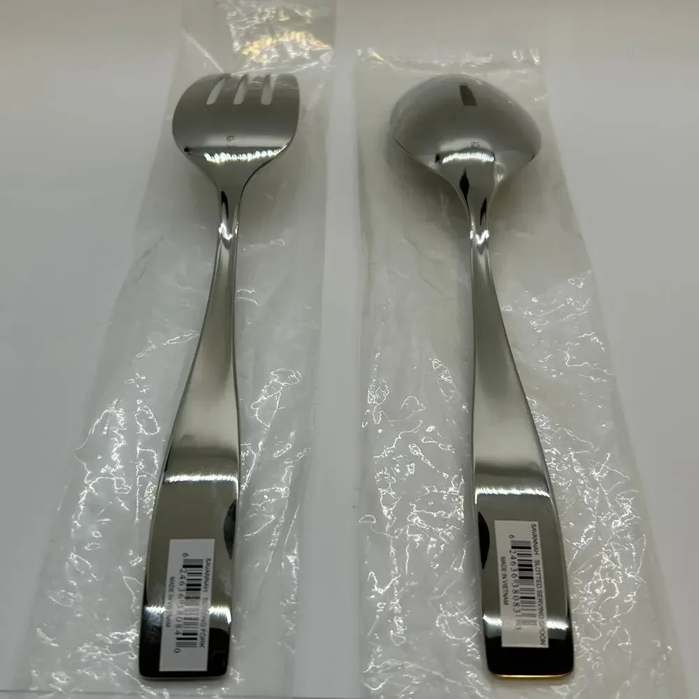 Slotted Serving Spoon & Fork Set GS Savannah NEW Solid Classic Square Polished